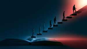 independent man walking up staircase representing growth